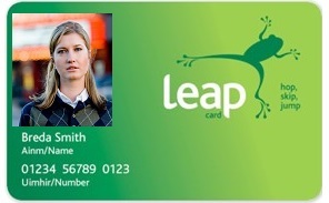 Leap card with an image of the owner to the left of the front of the card